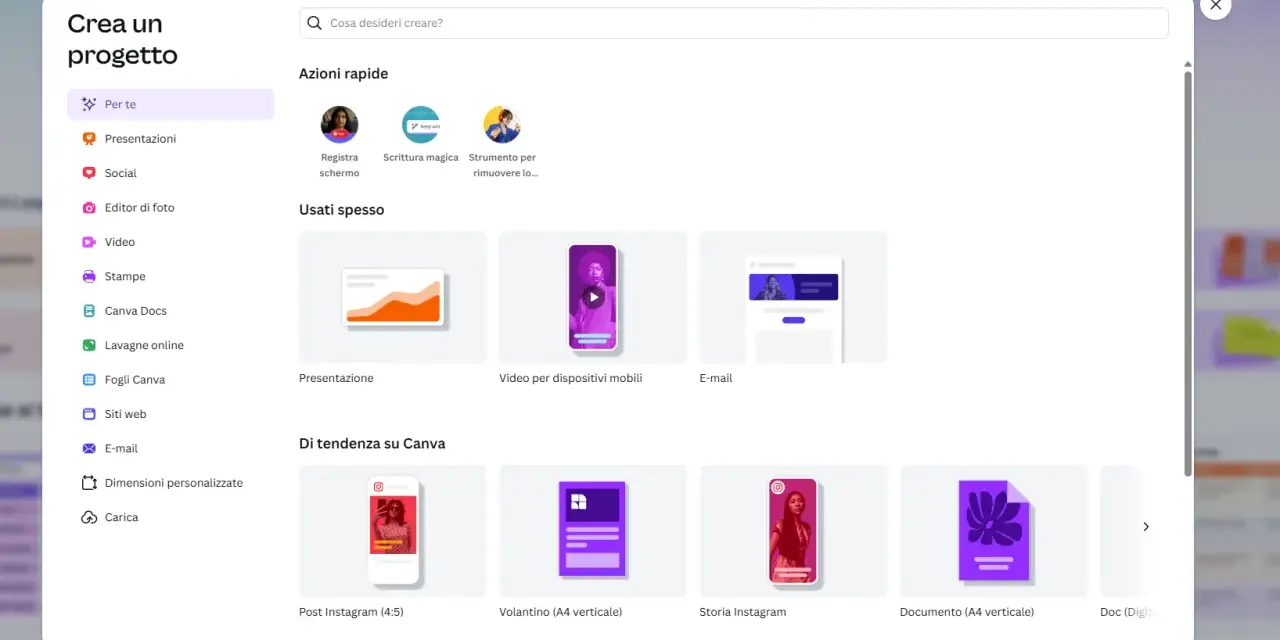 Interfaccia di Canva per creare progetti: mostra opzioni come "Presentazione", "Video per dispositivi mobili" e "Storia Instagram", spiegando come si usa Canva per iniziare.