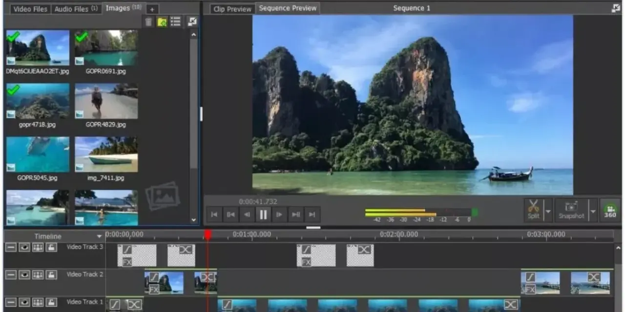 Interfaccia di VideoPad Professional, uno dei programmi per montare video, con clip di paesaggi esotici e timeline di editing.