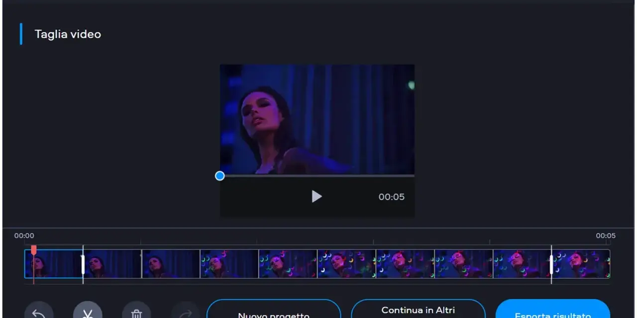 Interfaccia per tagliare un video. La timeline mostra clip con una donna, pronta per essere modificata.