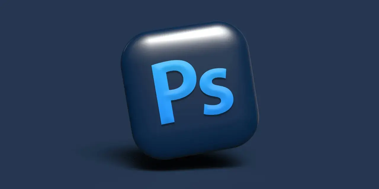 Icona 3D di Photoshop con lettere blu su sfondo blu scuro. Ottieni il tuo photoshop gratis!