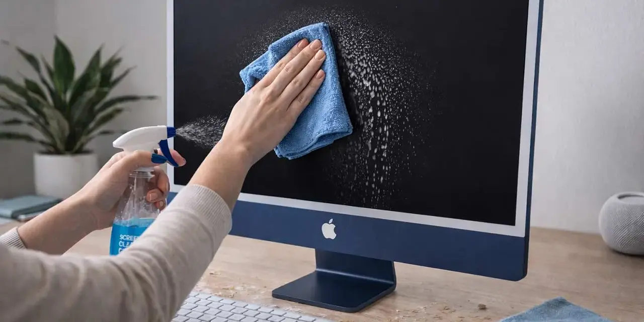 Mani che spruzzano liquido per pulire schermo pc con un panno azzurro su un iMac blu.