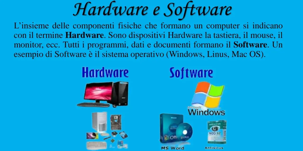 Hardware e Software: il primo è l'insieme delle componenti fisiche, il secondo i programmi. Esempi di Software: Windows, MS Word, Antivirus.