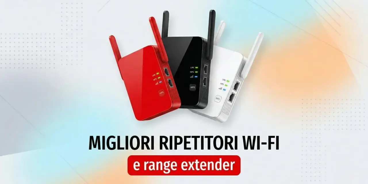 Tre ripetitori Wi-Fi in rosso, nero e bianco mostrano come funziona un range extender per ampliare la copertura di rete.