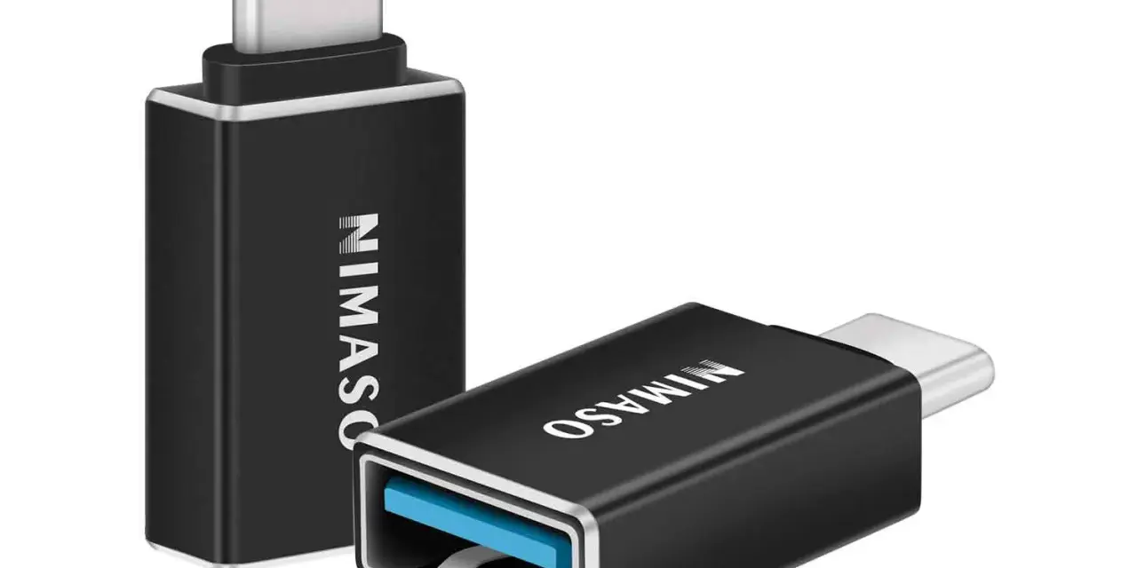 Adattatori OTG Android neri con logo NIMASO. Uno ha un connettore USB-C maschio, l'altro una porta USB-A femmina.