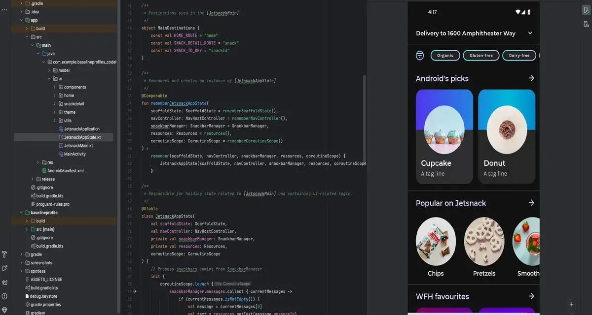 Schermata di Android Studio che mostra codice Kotlin per creare app gratis.