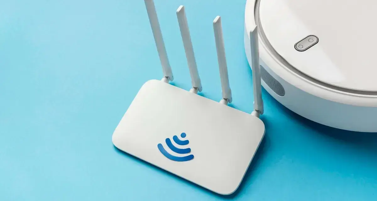 Un router Wi-Fi bianco con logo blu e un robot aspirapolvere bianco su sfondo azzurro. Cos'è un router? È il cuore della tua connessione internet.