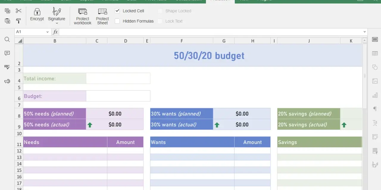 Interfaccia di ONLYOFFICE per rimuovere protezione foglio excel. Il foglio mostra un modello di budget 50/30/20 con sezioni per bisogni, desideri e risparmi.