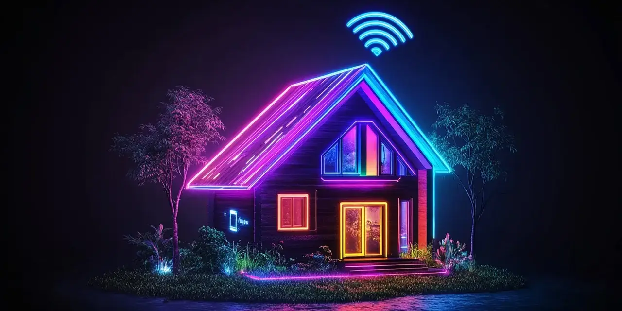 Casa futuristica illuminata da neon, con segnale Wi-Fi luminoso. La fibra FTTC porta la connessione ultraveloce in questa dimora smart.