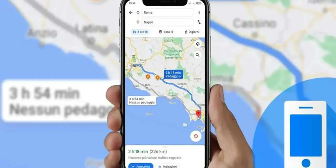 Navigazione su smartphone: mostra come mandare la posizione con Google Maps, confrontando percorsi con e senza pedaggio da Roma a Napoli.
