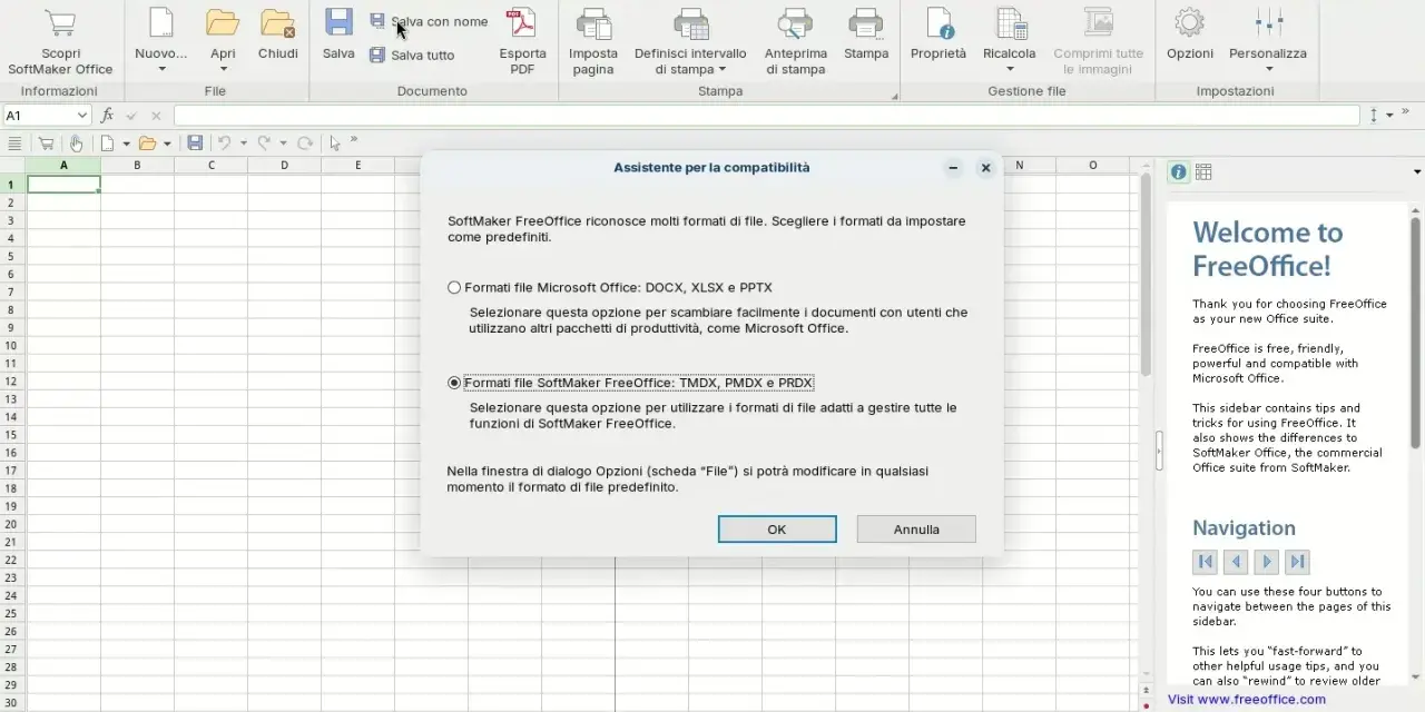 Assistente compatibilità SoftMaker FreeOffice, un pacchetto office gratis, per scegliere formati file predefiniti.