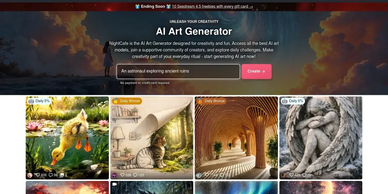 NightCafe, un AI Art Generator, offre un'interfaccia per creare arte digitale. Mostra un'anatra, un gatto, un tunnel e un angelo.