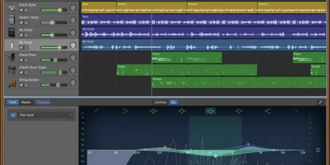 Interfaccia di un software per registrare audio pc. Mostra tracce musicali, strumenti virtuali e un equalizzatore grafico.