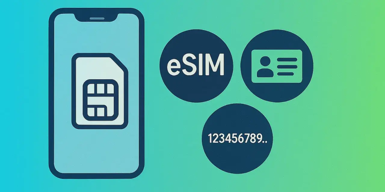 Smartphone con icona SIM, eSIM, documento d'identità e numero ICCID.