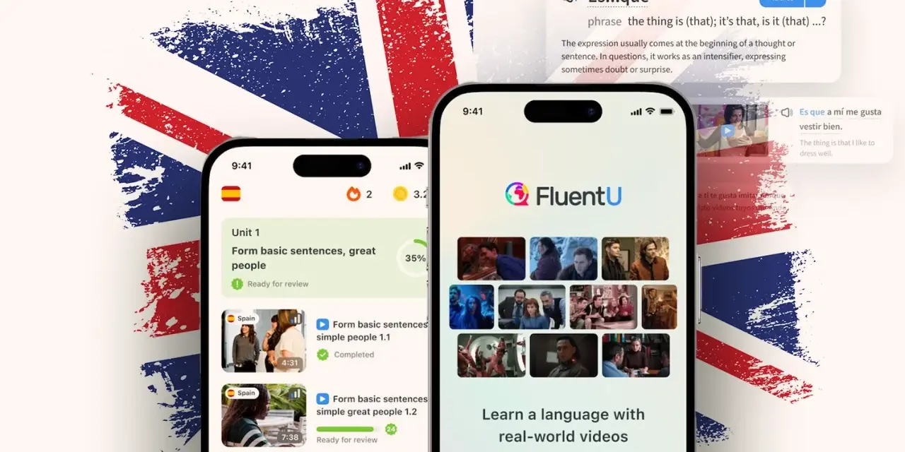 Due smartphone mostrano l'app FluentU per imparare inglese, con video e lezioni. La bandiera britannica sullo sfondo simboleggia la lingua.