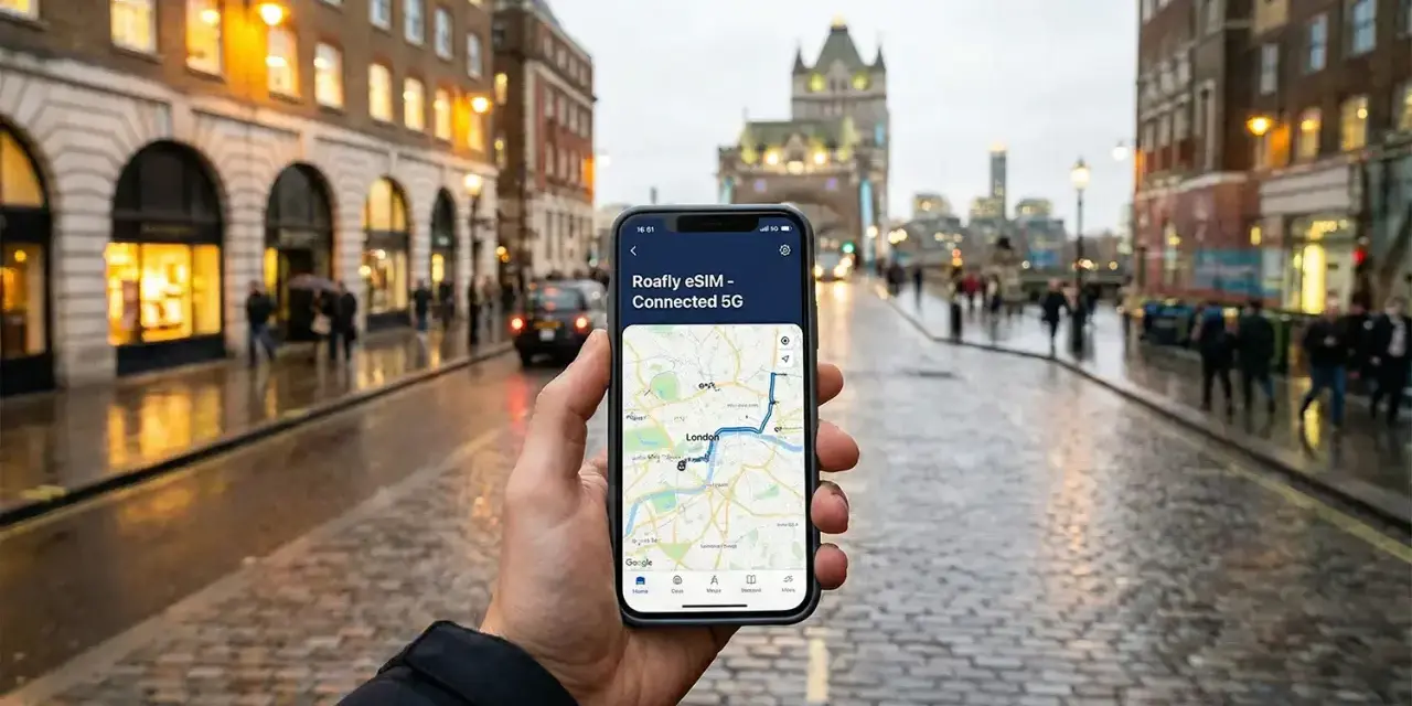 Mano che tiene uno smartphone con mappa di Londra e connessione 5G, sullo sfondo una strada bagnata e palazzi caratteristici.