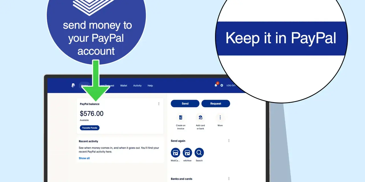 Schermata PayPal che mostra come ricaricare il tuo conto. Il saldo è di $576.00.