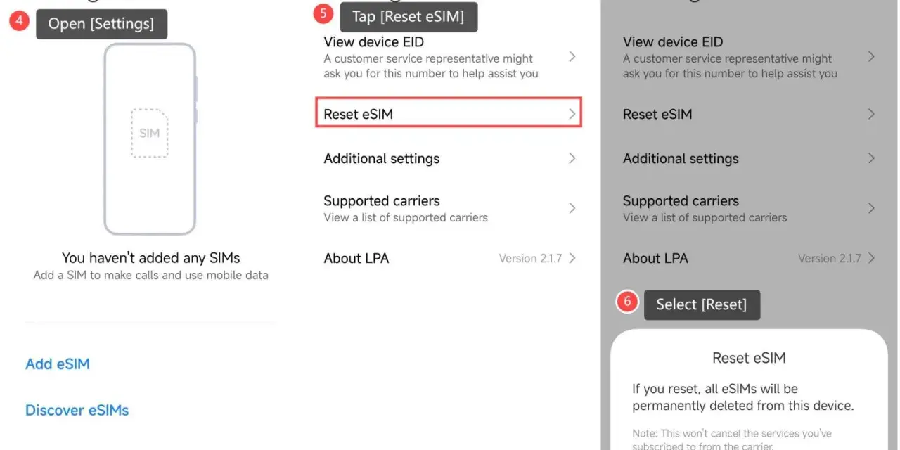 Schermata Xiaomi per resettare la tua eSIM. Tocca "Reset eSIM" per procedere.
