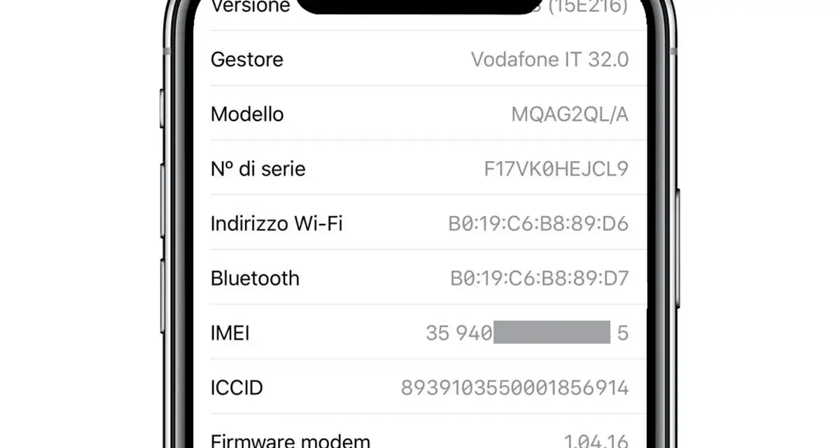 Dettagli iPhone: versione, gestore Vodafone, modello, numero di serie, Wi-Fi, Bluetooth, ICCID e il codice IMEI.