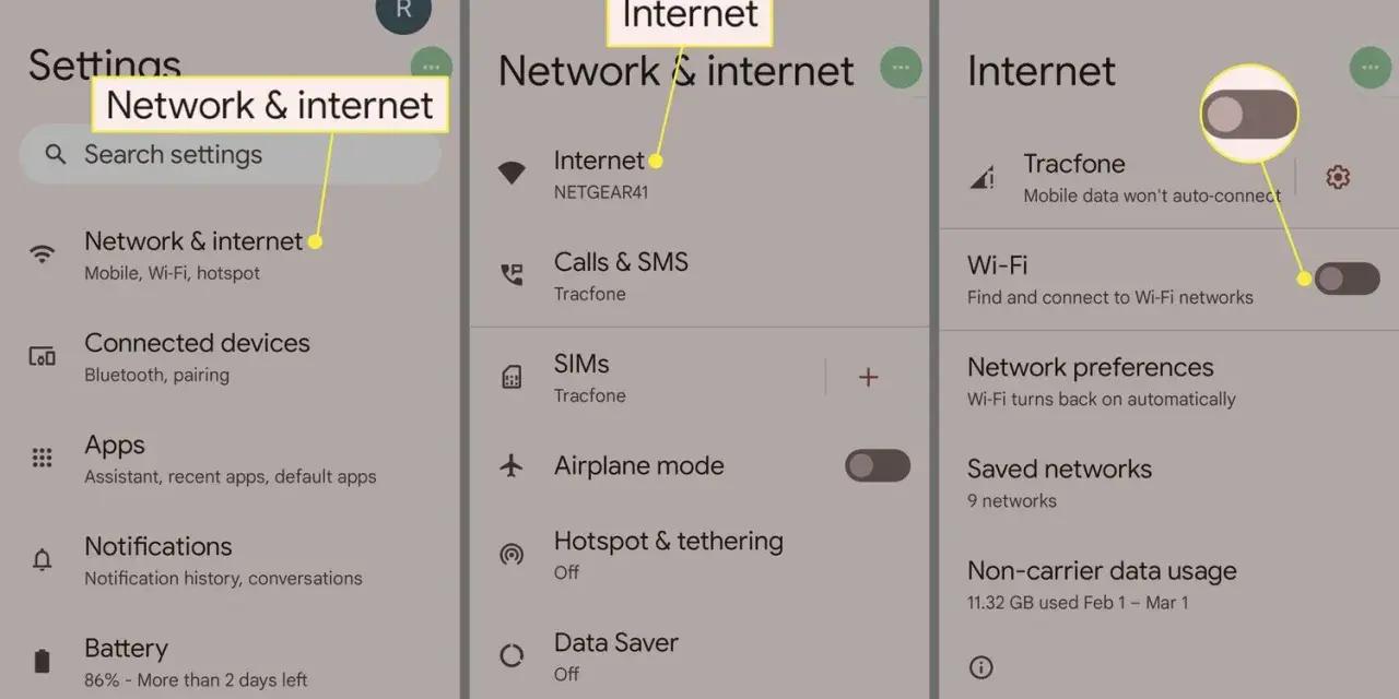 Impostazioni del telefono: "Rete e Internet" e "Hotspot & tethering".