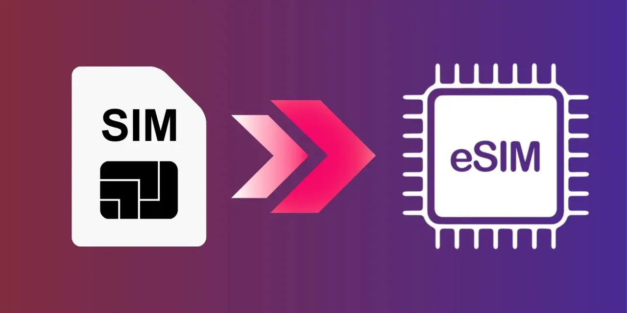 Icona SIM che si trasforma in eSIM, simboleggiando il passaggio alla tecnologia digitale.