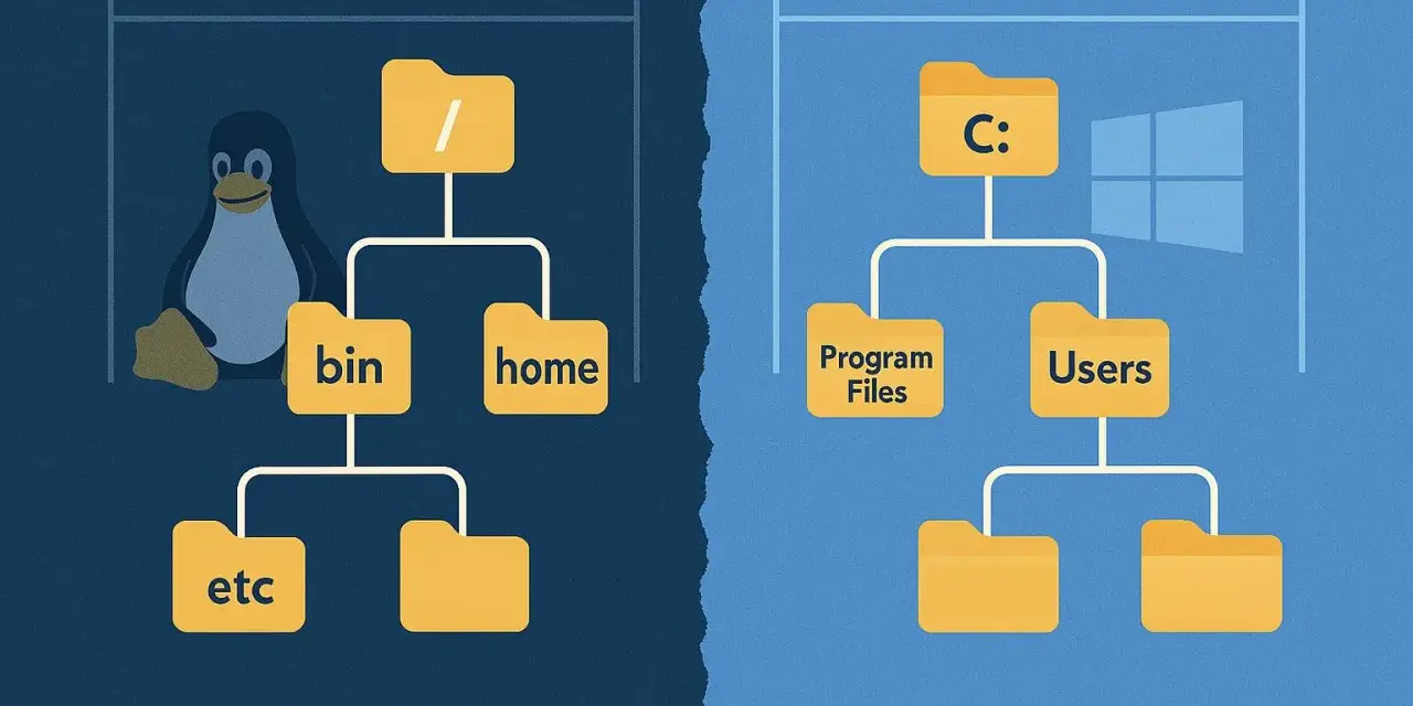 Linux and Windows folder structures side-by-side, with a penguin and C: drive icons.