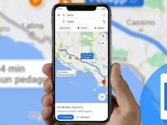 Navigazione su smartphone: mostra come mandare la posizione con Google Maps, confrontando percorsi con e senza pedaggio da Roma a Napoli.