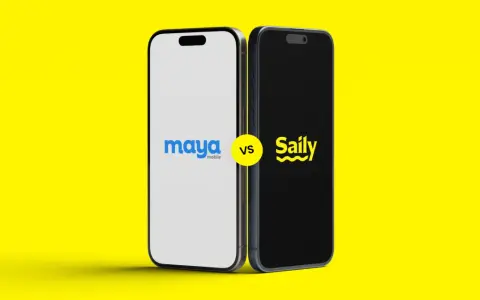 Due smartphone affiancati su sfondo giallo. Uno mostra il logo "maya mobile", l'altro "Saily". Confronto tra servizi eSIM.