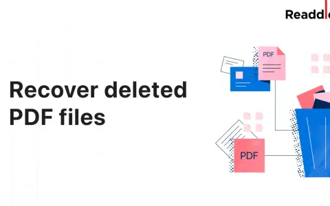 Recuperare file cancellati: un cestino blu pieno di documenti PDF rosa e blu, con alcuni fogli che escono.