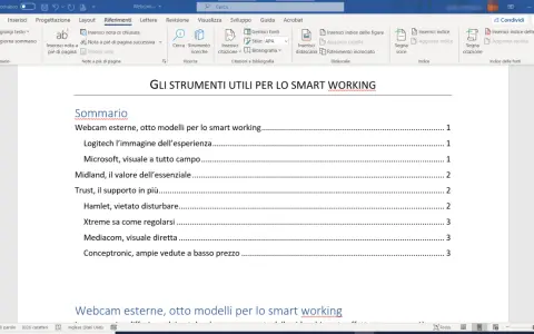 Il sommario di un documento su strumenti per lo smart working, con voci come webcam e Logitech.