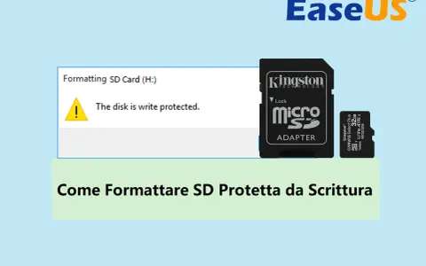 Immagine mostra come formattare scheda SD protetta da scrittura. Un messaggio di errore indica che il disco è protetto.