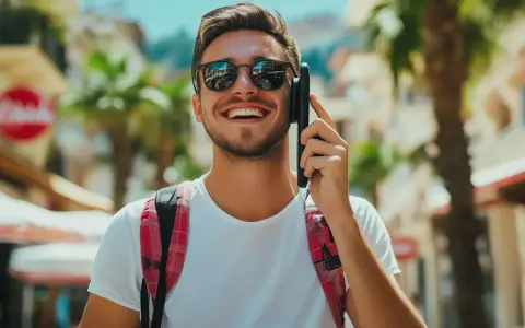 Giovane sorridente al telefono, con uno zaino a quadri rossi. Forse sta parlando con operatori telefonici in Canada, godendosi il sole.