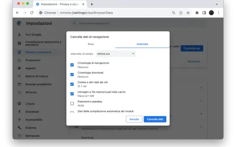 Impostazioni Chrome per eliminare file inutili dal PC: cronologia, cache e cookie.