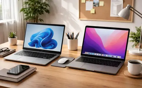 Due laptop su una scrivania di legno. Uno mostra Windows 11, l'altro macOS. Ideale per chi cerca il **Play Store PC** e altre app.