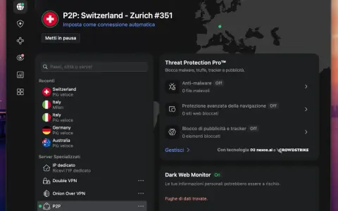 Interfaccia VPN che mostra la connessione a Zurigo, Svizzera, con opzioni per cambiare indirizzo IP e proteggere la navigazione.