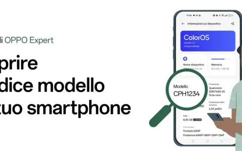 Un uomo guarda il suo smartphone OPPO, con una lente d'ingrandimento che evidenzia il modello CPH1234. Che telefono è questo?