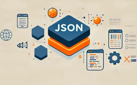 Icone stilizzate che rappresentano il formato file JSON, con elementi grafici come un globo, ingranaggi e finestre di codice.