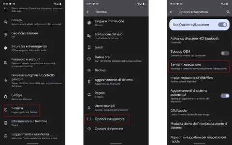 Guida per togliere la pubblicità dal cellulare: accedi a Sistema > Opzioni sviluppatore > Servizi in esecuzione.