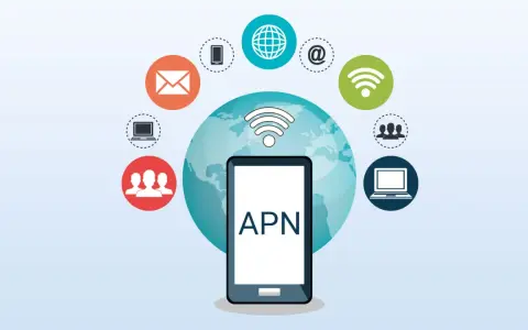 Smartphone con scritta APN, circondato da icone di connessione e servizi, simboleggia la connettività globale.