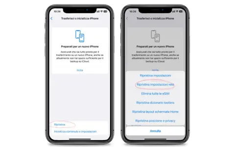 Schermate iPhone che mostrano come ripristinare le impostazioni di rete, un passaggio utile per risolvere problemi di connessione, prima di pensare a come attivare hotspot su iPhone.