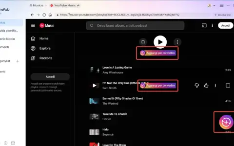 Interfaccia TuneFab per estrarre audio da video. Pulsanti "Aggiungi per convertire" evidenziati.