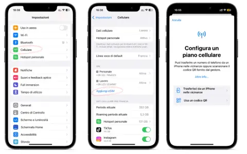 Configurazione piano cellulare su iPhone 13 con eSIM.