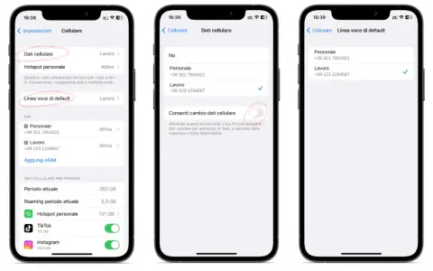 Impostazioni cellulare per dual SIM: scelta dati, hotspot, linea voce di default e gestione SIM.