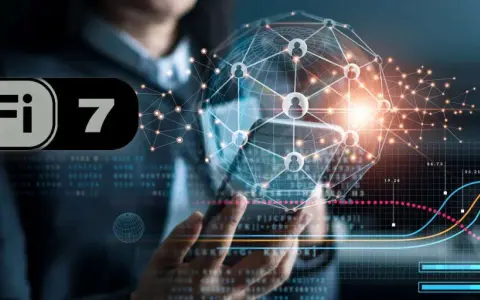 Logo Wi-Fi 7 su sfondo di rete globale e grafici di dati.