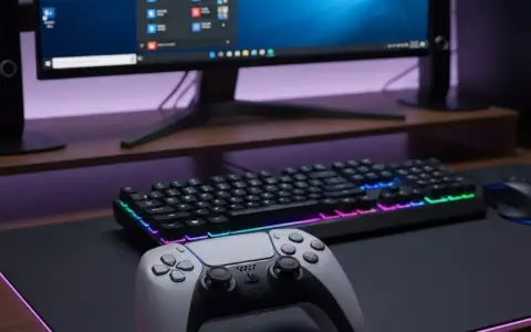 Controller DualSense PS5 pronto per essere collegato al PC. Tastiera e mouse RGB completano la postazione gaming.