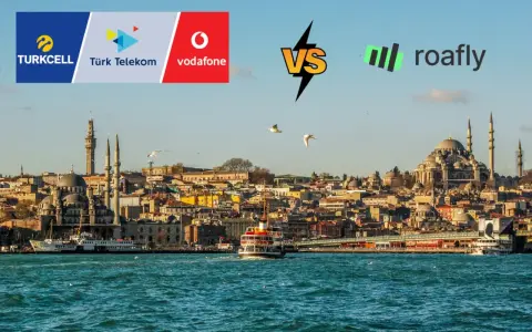 Confronto tra operatori per l'internet in Turchia: Turkcell, Türk Telekom, Vodafone contro Roafly. Skyline di Istanbul sullo sfondo.