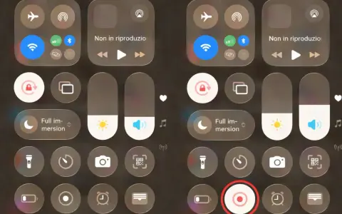 Pannello di controllo con icone per attivare la registrazione dello schermo, torcia, fotocamera e altre funzioni.