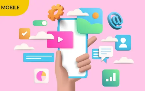 Illustrazione 3D che mostra come creare un app: mano che tiene uno smartphone con icone di social media, messaggi, grafici e impostazioni.