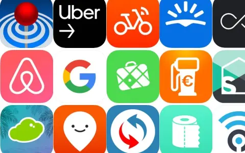 Icone di app per organizzare viaggi: Uber, Airbnb, Google Maps, e altre utility per spostamenti e servizi.
