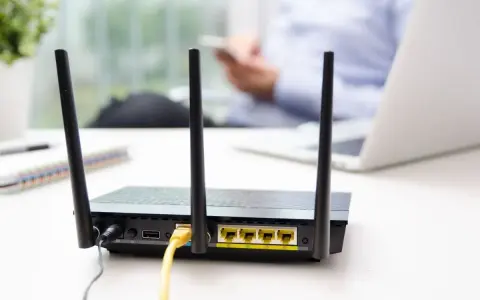 Router con antenne per connessione wifi senza linea fissa. In background, una persona usa uno smartphone.
