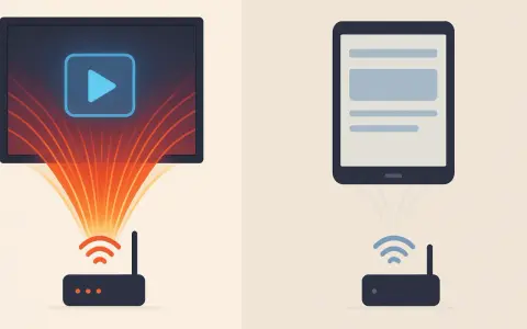 Un router alimenta un televisore con un'icona di riproduzione e un tablet. Quanto dura la navigazione con 1 giga?